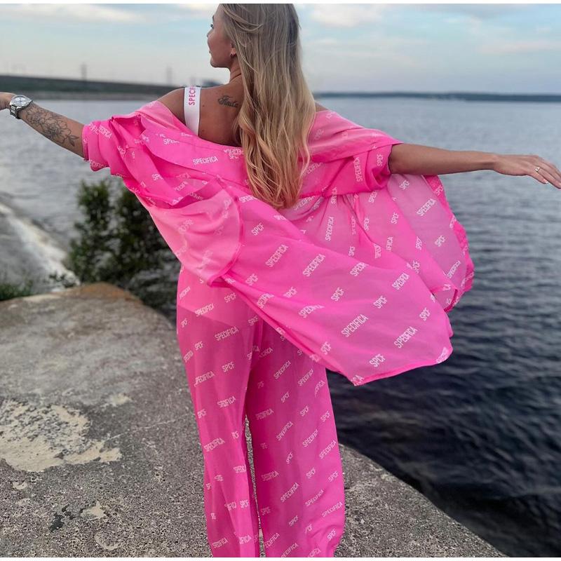 Summer Female 2 Piece-Set Trousers Casual See-Through Holiday Cardigan and High Waist Women's Pants Outfits Tracksuit 2025