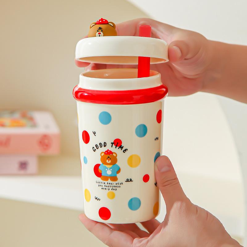 Girl's Heart Cute Pet Mug Cute Straw Ceramic Cup with Lid Spoon Girls Coffee Milk Cup Birthday Gift