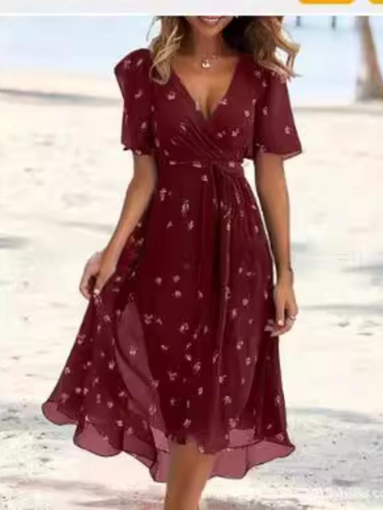 Blue Green Floral Print V-Neck Asymmetrical Hem Summer Dress with Short Sleeves