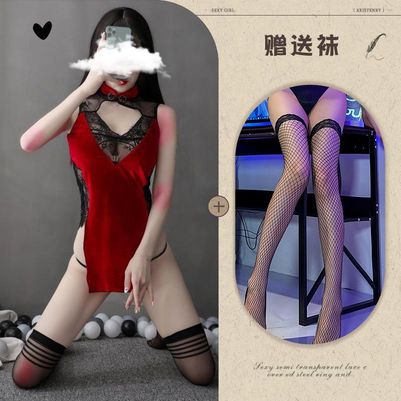 New sex underwear women's sexy Republic of China velvet perspective backless cheongsam seduction suit