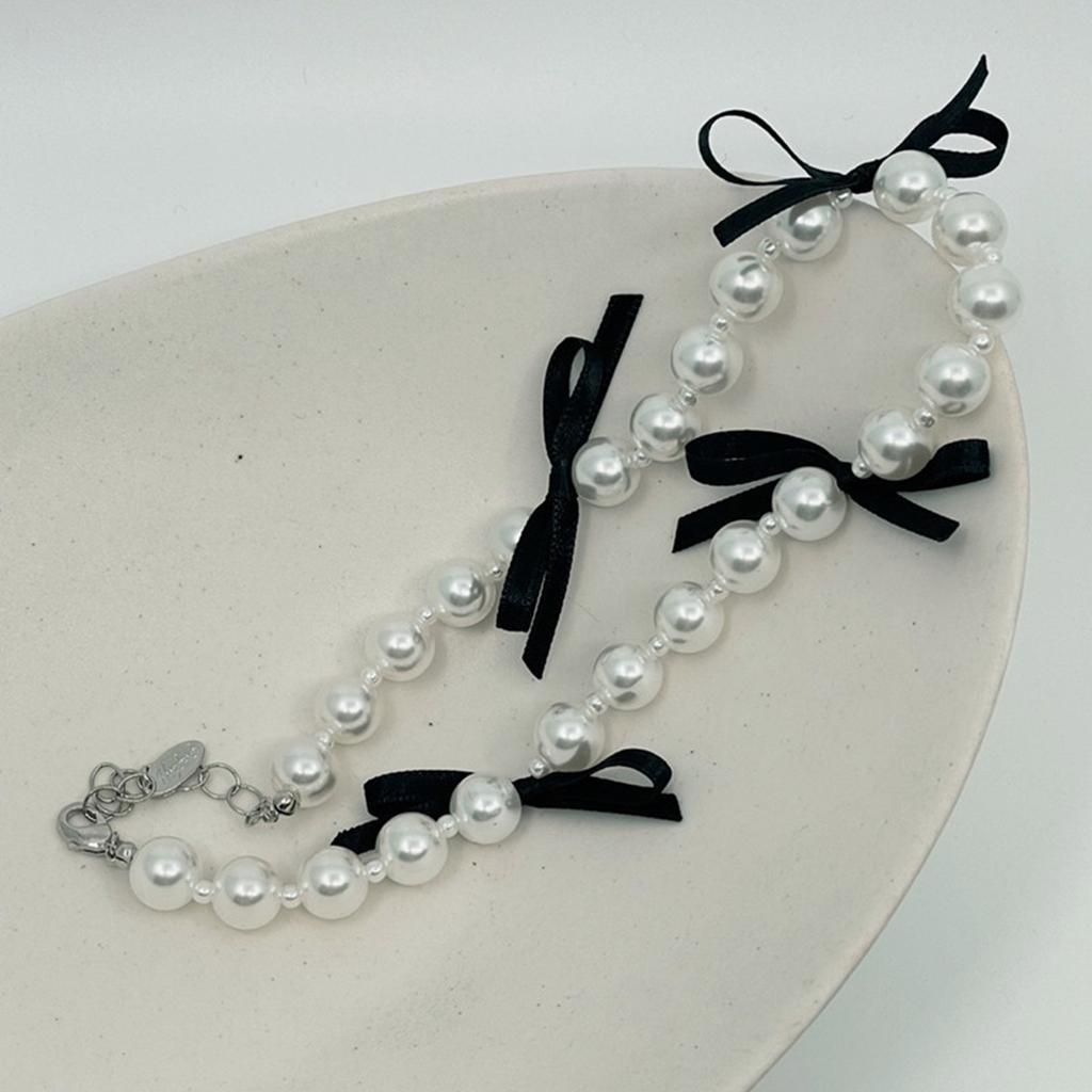 Fashionable Black Ribbon Bowknot Necklace Faux Pearl Alloy Chain Choker Fashion Cool Girls Clavicular Chain Jewelry