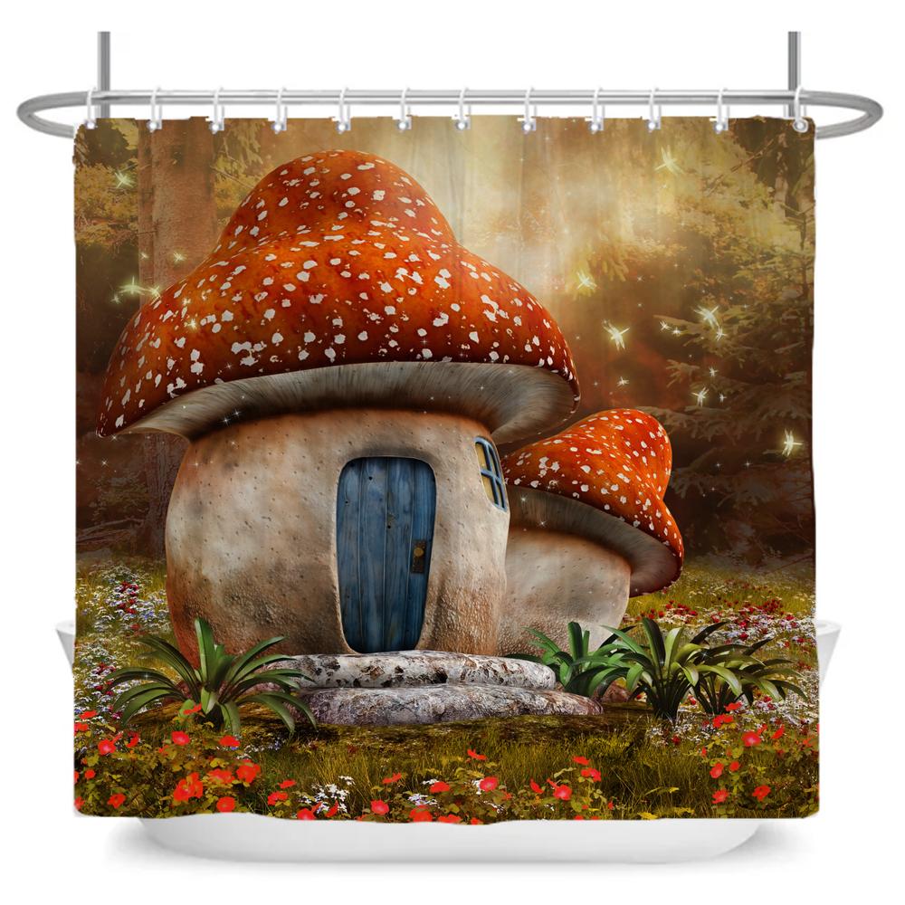 Enchanted Forest Shower Curtain Cartoon Magic Tale Mushroom Wonderland Gothic Shower Curtain Waterproof Bath Decor With Hooks