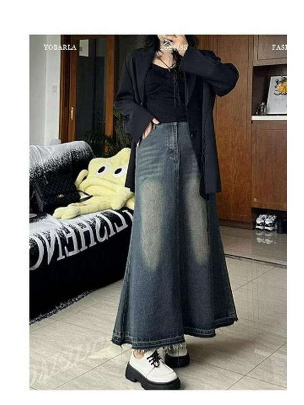 Spring 2025 High Waisted Distressed Denim Midi Skirt - Retro A-Line Design