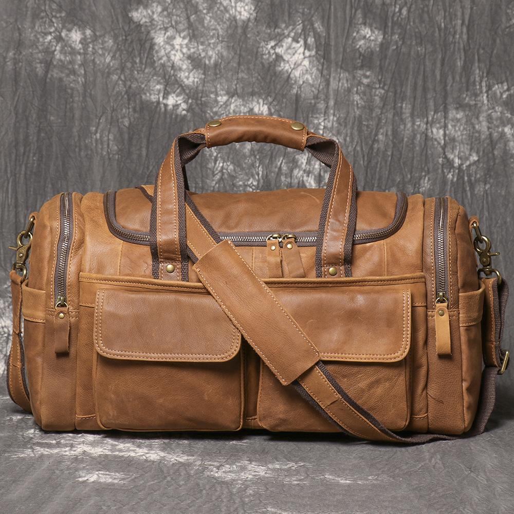 Men S Genuine Leather Handbag Crazy Horse Leather Business Travel Bag Large Capacity Duffel Bag One Shoulder Crossbody коричневый