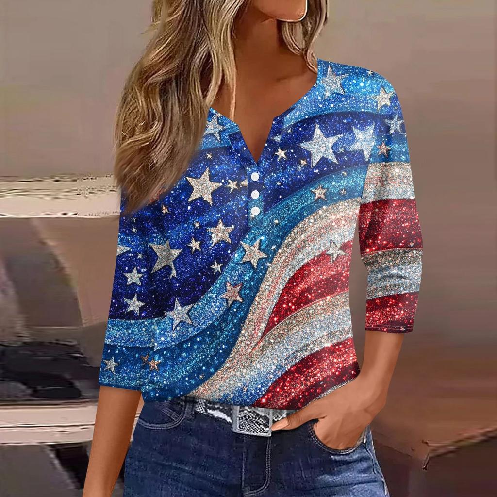 Dam T-shirt Tee Självständighetsdagen Tryckt Knapp 3/4 Ärm Tunika Vardag Helg Mode Grundläggande V-ringning Normal Topp