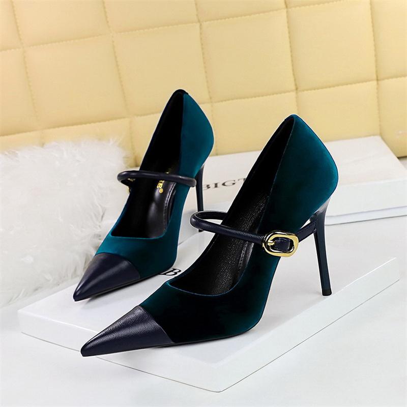 Fashion Version Party Thin High Heel Women Shoes   Velvet Shallow Mouth Pointed Toe Metal One-line Buckle Single Shoes