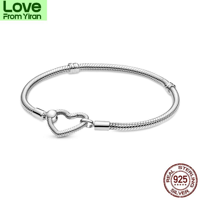 

Браслет с пряжкой в виде змеи и сердечком из стерлингового серебра 925 пробы, подходит для фирменных браслетов с подвесками, сделай сам, изящные ювелирные украшения, женский подарок 20cm