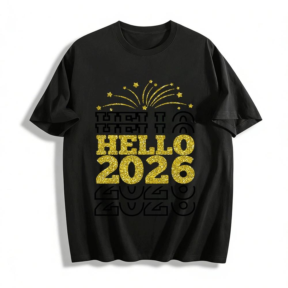 Hello 2026 Glitter Fireworks Print New Year Celebration T-Shirt Pure cotton T-shirt XXS