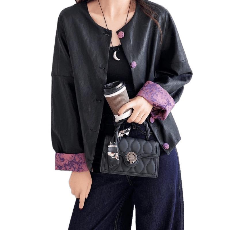Women's 2025 Retro Chinese Jacquard Stitch Leather Jacket - Elegant PU Leather Casual Top