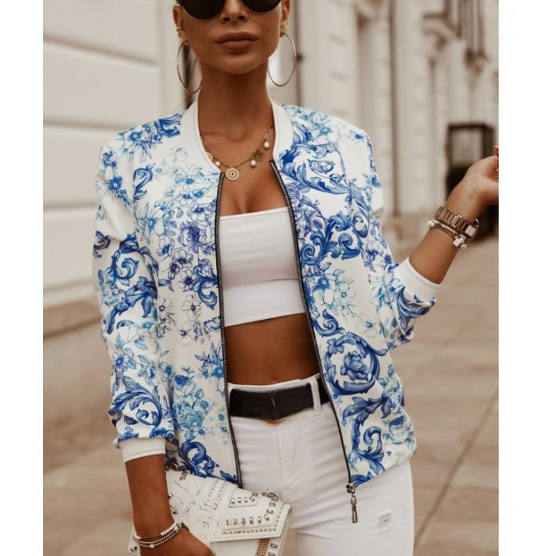 

Весенне-осенняя женская модная повседневная короткая куртка на молнии с цветочным принтом, облегающая уличная одежда L светло-синий