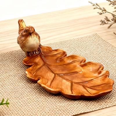 Brown Leaf Ceramic Plate with Bird Design Handcrafted Decorative Tray for Jewelry And Trinkets Thanksgiving Party Supplies