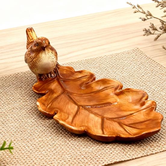 Yousheng Brown Leaf Ceramic Plate with Bird Design Handcrafted Decorative Tray for Jewelry And Trinkets Thanksgiving Party Supplies