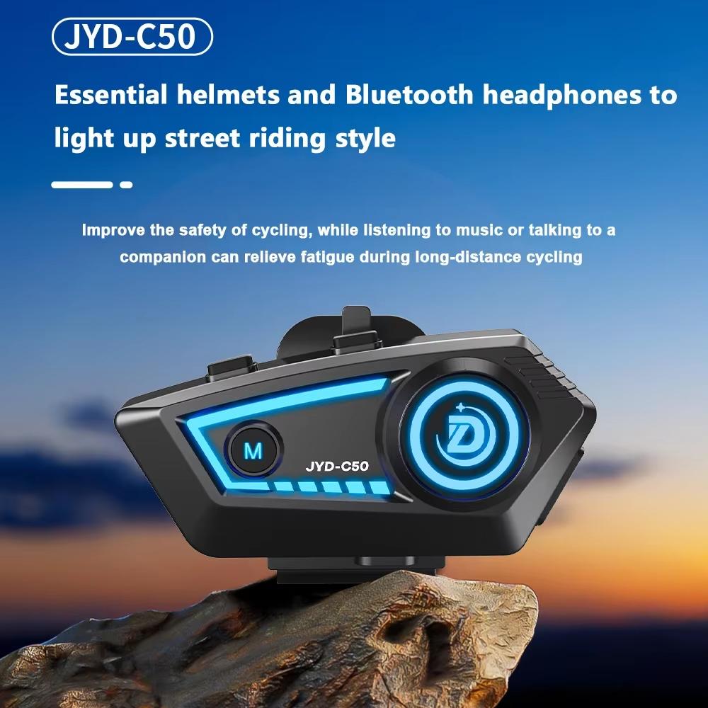 JYD-C50 Motorcycle Helmet Bluetooth 5.4 Headset Hands Free Call IPX67 Waterproof 500mAh Headset Speakers HiFi Stereo RGB Light