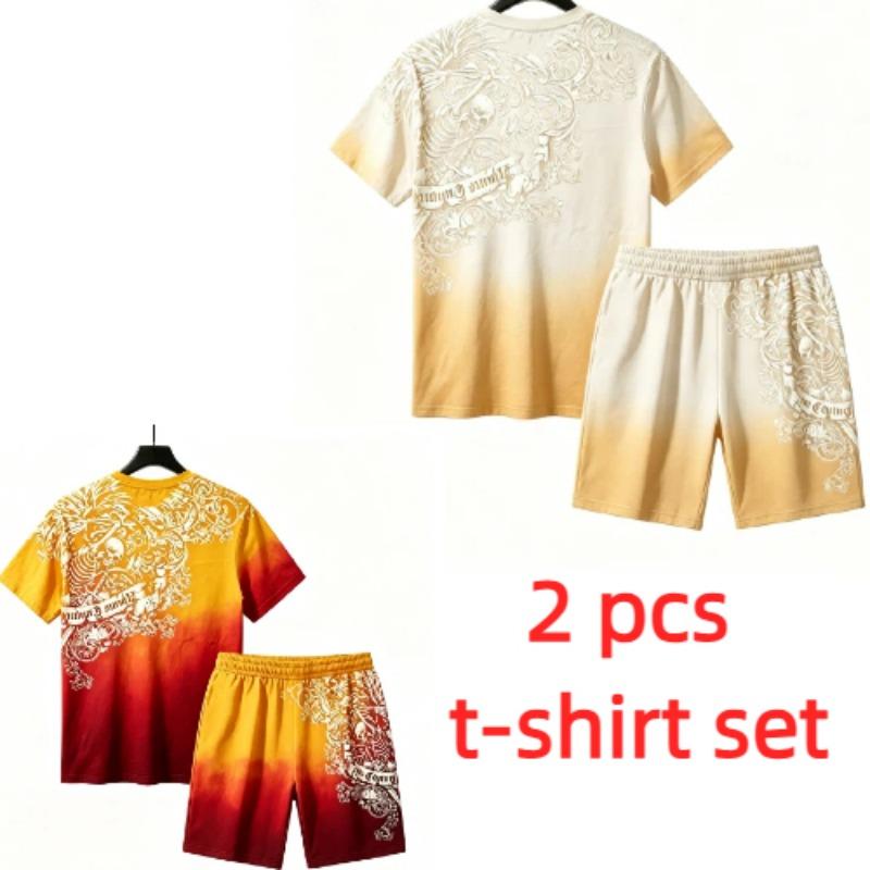 Summer European and American Street Kids Short Sleeved T-shirt Shorts Set 3D Letter Skull Print Boy's and Girl's Loose Casual Sports Suit