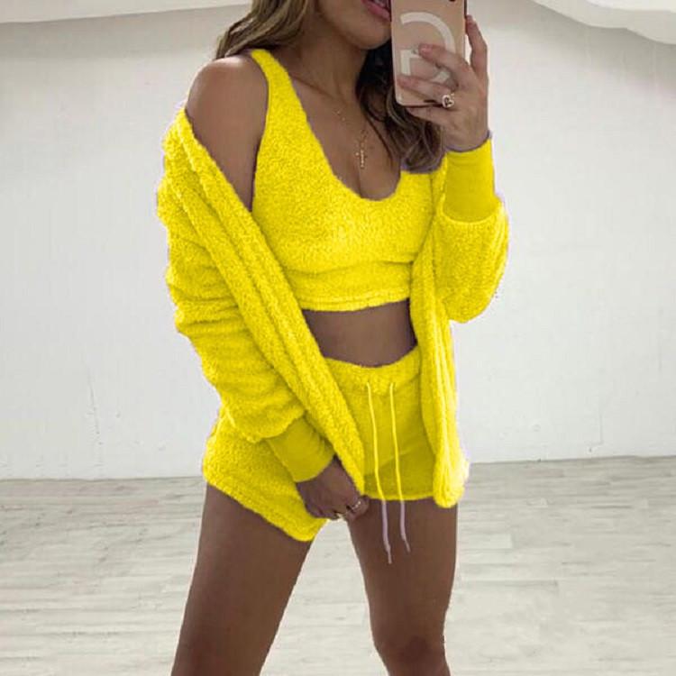Plush Long-Sleeve Casual Three-Piece Set: Jacket, Vest & Shorts