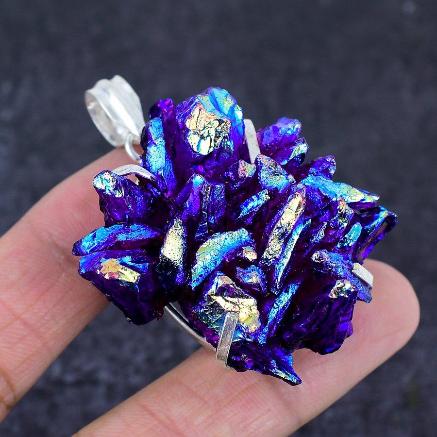 Purple Titanium Druzy Gemstone Handmade 925 Sterling Silver Pendant 2.17" B0p61