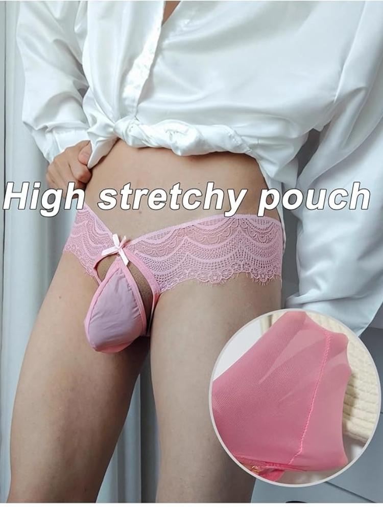 Sissy Lingerie Panties Mens Sexy Pink Lace Jockstraps Underwear Stretchy Removable Bulge Pouch Panties Crossdressers Nightwear