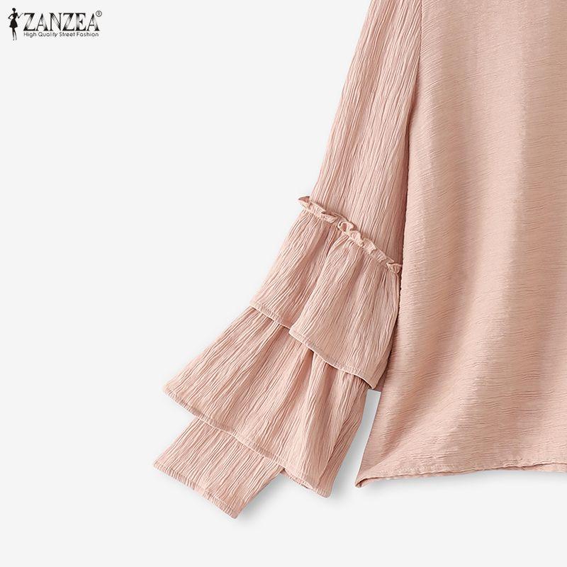 ZANZEA Women Casual Round Neck Ruffles Long Sleeve Loose Blouse