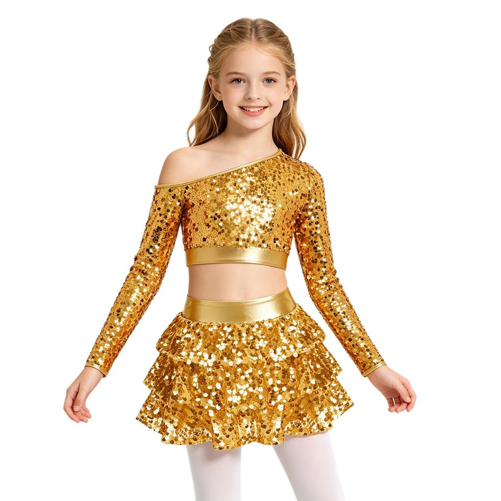 Conjunto de Top Corto Brillante con Lentejuelas, Manga Larga, de Un Hombro y Pantalones Culotte con Volantes en Capas para Niñas, Danza Jazz, Competición de Escenario