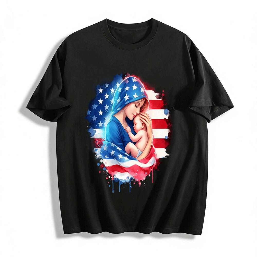 Patriotic Mother And Baby US Flag Print Casual T-Shirt Pure cotton T-shirt XXS