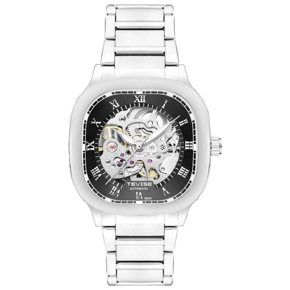 

TEVISE Luminous Square Hollow Dial Men s Stainless Steel Waterproof Automatic Mechanical Watch Fashion Business Skeleton Watches чёрный/серебряный