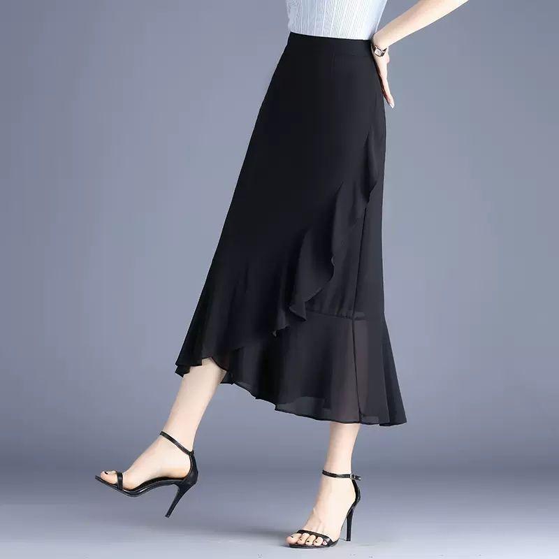 Lotus Leaf Side Length Skirt for Women Summer Chiffon Fishtail Skirt Half Body Skirt High Waist A-line Skirt