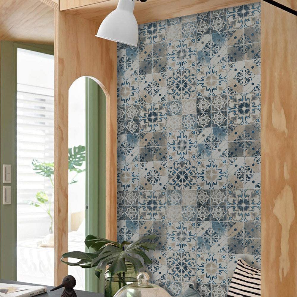 10M Blue Tile Wallpaper Peel and Stick Wallpaper Vintage Contact Paper Removable Self Adhesive Wallpaper Waterproof Embossed