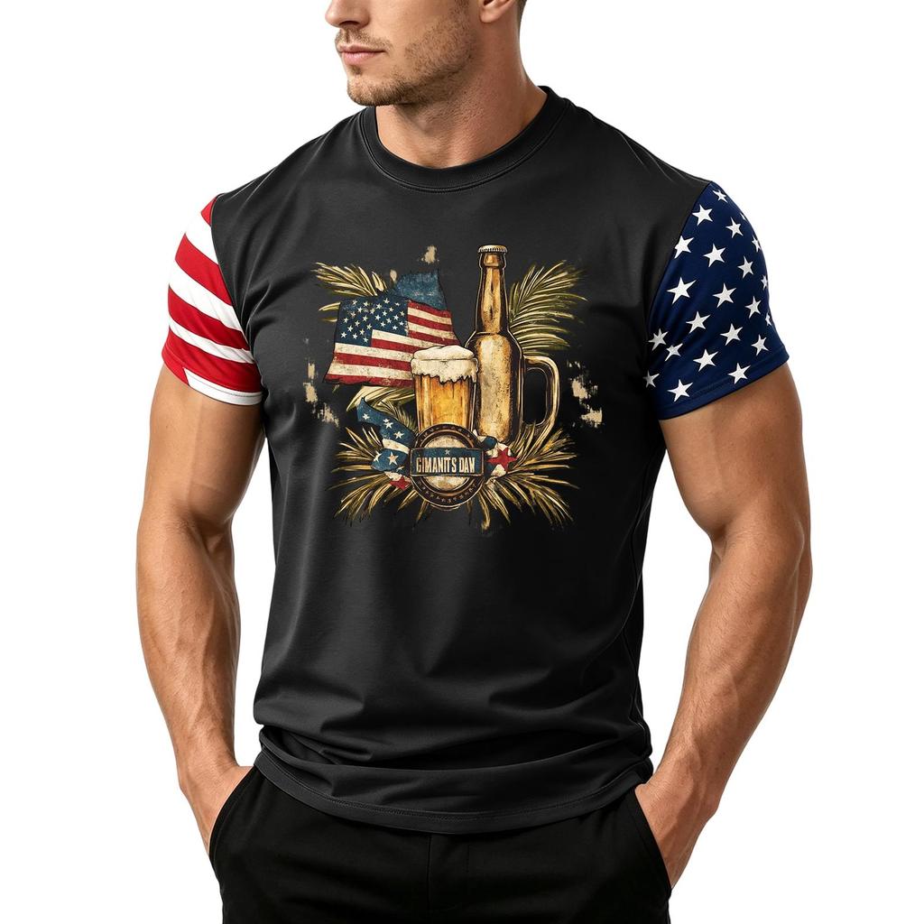 Men's Short Sleeve Loose Fit T Shirt with Flag and Beer Print Casual Crewneck Summer Top for Daily Wear Holiday Events