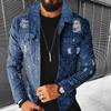 Mens Distressed Print Denim Jacket Winter Streetwear Casual Outerwear Slim Fit Blue Black Grey