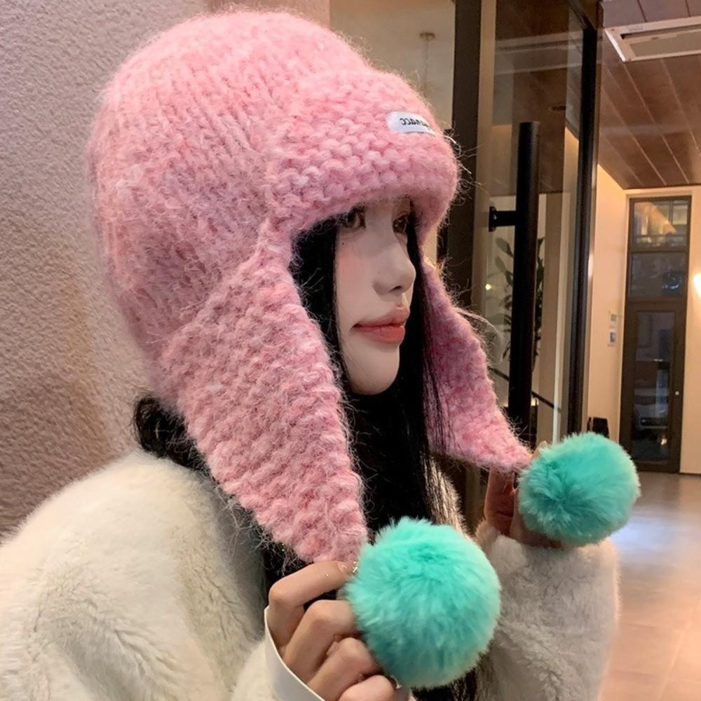Fluffy Pom-pom Women Knitted Cap Autumu Winter Ear Protection Caps Cute Warm Beanie Hats  Girls