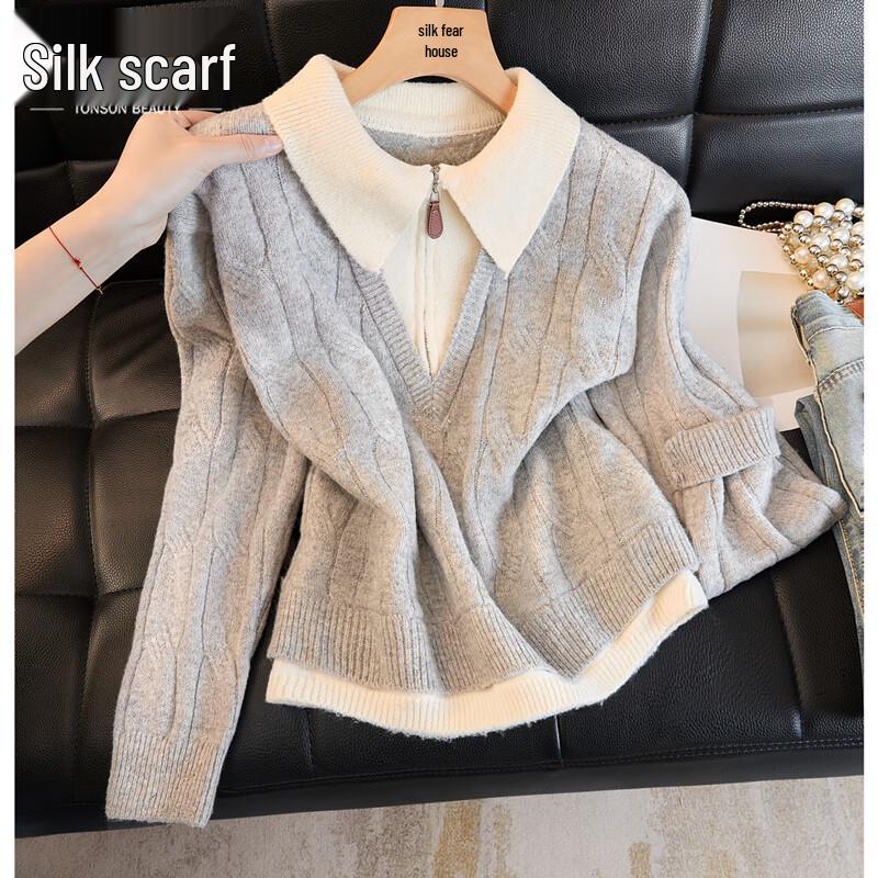 

Women s Lapel Contrast Faux Two-Piece Loose Long Sleeve Sweater One Size
