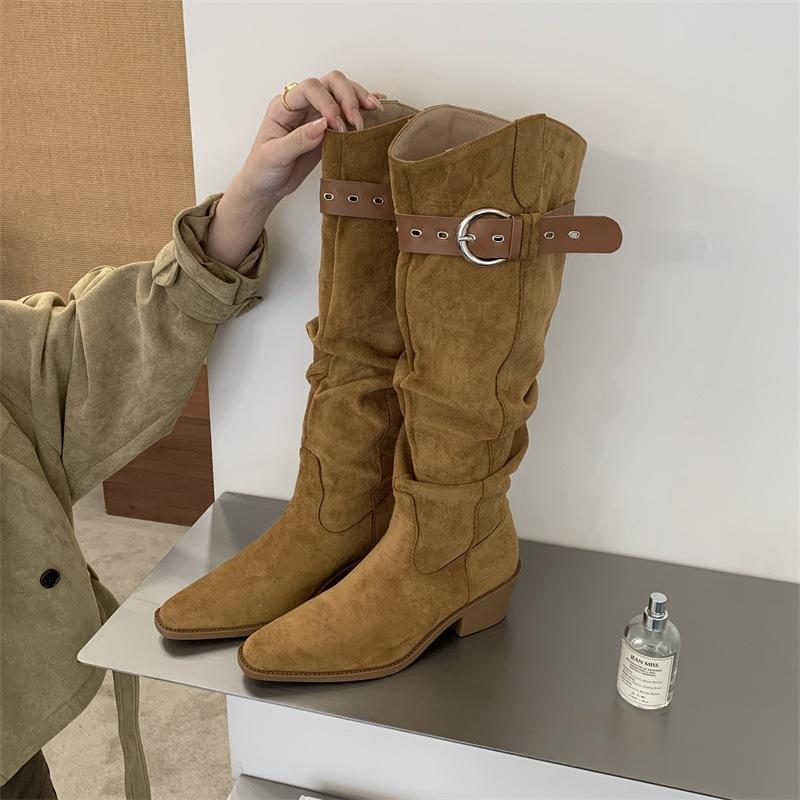 Retro style belt buckle thick heel boots cool handsome wrinkled stack tall knight boots autumn and winter sleeve boots
