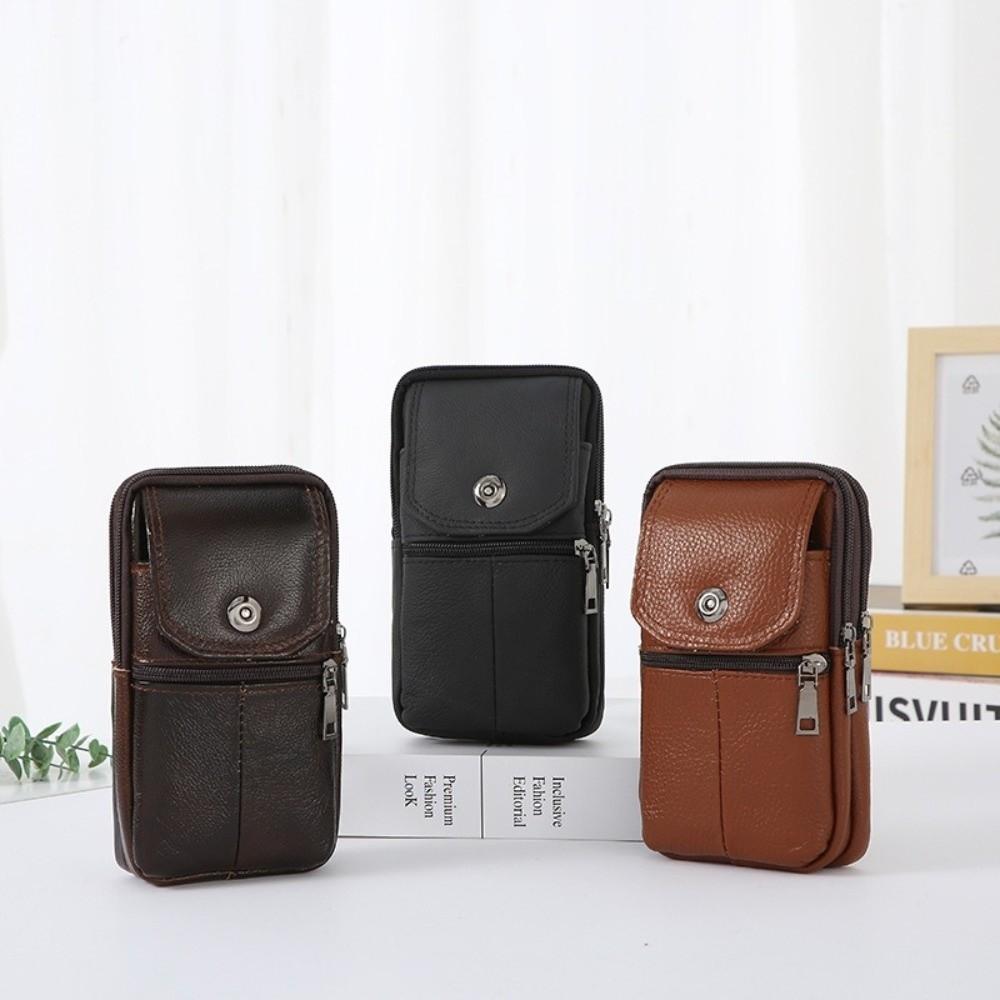 New Cowhide Leather Messenger Bag Multi-Pockets Small Mobile Phone Pouch Solid Color Chest Bag Male