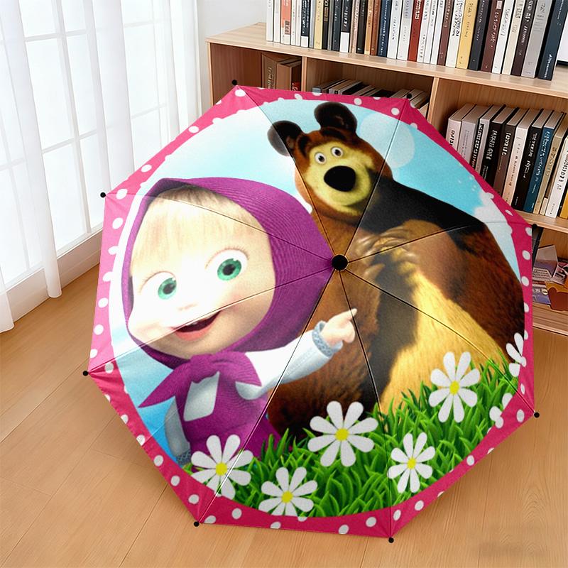 Cartoon Russian Animation Fairy Tale Masha and the Bear Cartoon Umbrella, a Must-have for Home and Outdoor Travel, Foldable Wrought Iron Umbrella W3