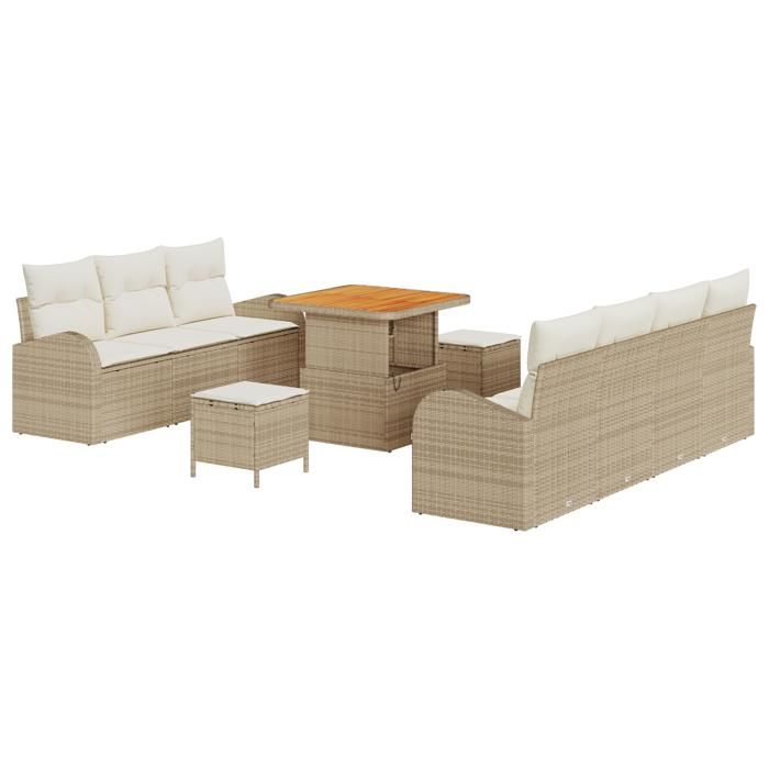 Ensemble de canapés de jardin 10 pièces avec coussins en rotin beige, Canapé de jardin 2 places avec rangement et coussins 3364306