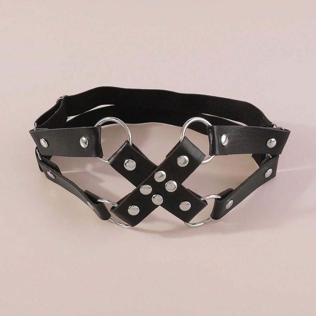 Donna Sexy Roccia Anello Rotondo Passante Elastico Forma a X Cintura in Pelle Accessori Gamba Harness Ragazza Goth Nero Gotico Punk Giarrettiera Coscia