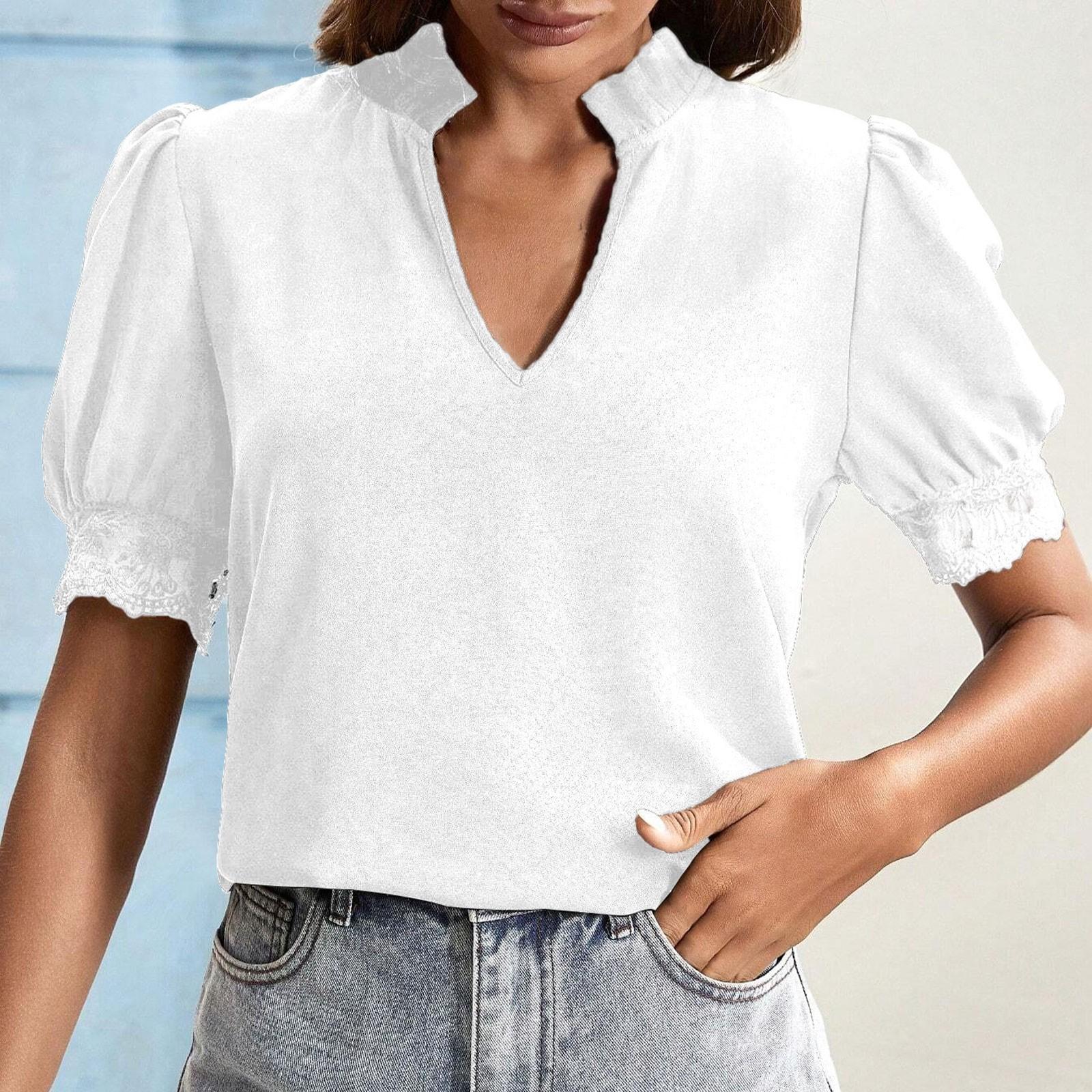 

Новый летний модный и универсальный кружевной топ с v-образным вырезом и рукавами XL белый