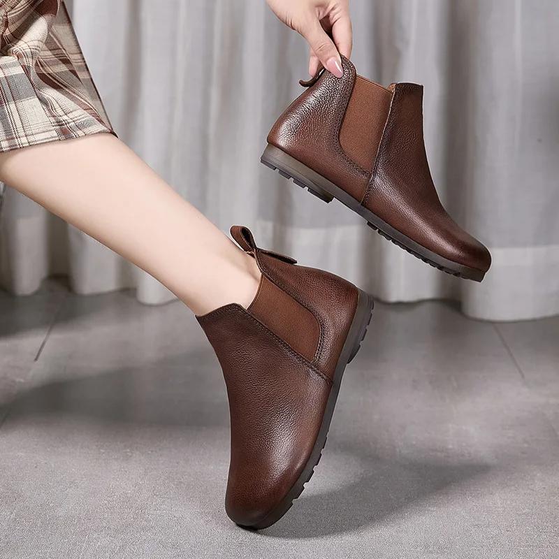 Johnature Solid Color Genuine Leather Flat Ankle Boots Round Toe Soft Soled Slip-on Women's Shoes