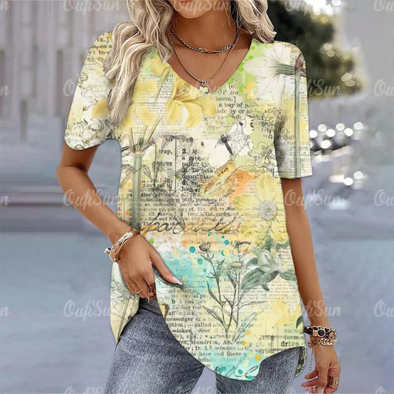 Damska koszulka 3d kwiaty drukuj topy Tee letnia koszulka z dekoltem w serek z krótkim rękawem nowy projekt swetry ponadgabarytowa moda odzież damska