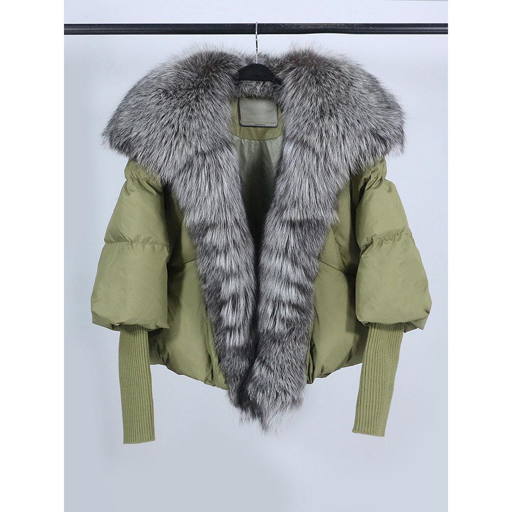 

Зимняя белая утиная пуховая куртка с коротким воротником из лисьего меха и вязаными рукавами XL