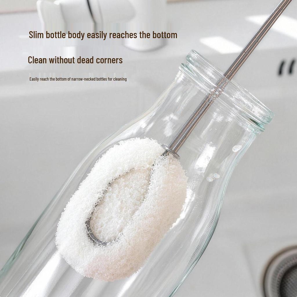 Long-handled Stainless Steel Cup Brush - Sponge Cleaning Brush for Tea Stains & Milk Bottles