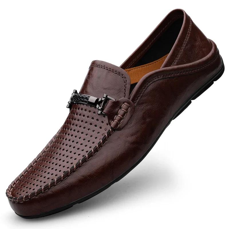 Men Casual Summer Shoes Hollow Out Men's Driving Shoes High Quality Male Business Shoes 2024 Genuine Leather Loafers
