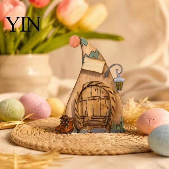 Hand Painted Rabbit Decorations Wooden Fairy Door Decor, 2D Gnome Elf Ornament, Bunny Mushroom Springtime Living Room Embellishments Wood Craft, House