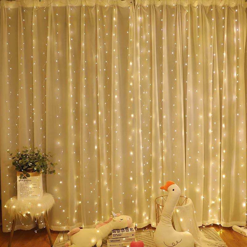 USB Remote-Controlled LED Copper Wire Curtain Lights - 3x3M, 8 Functions, Waterproof Outdoor Christmas Decor.