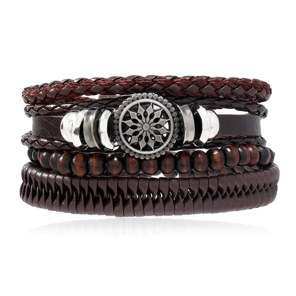 

4pcs Set Black Leather Hand-knitted Couple Bracelet Set for Men Women Personality Design Star Bangle Jewelry Accessories Gift