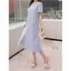 Korean Style Plus size women clothing Fat Sister Summer V-neck Stripe Pullover Front Slit Mid-Length Short sleeve Dress L-4XL