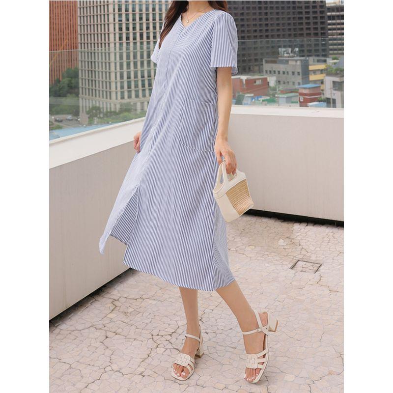 Korean Style Plus size women clothing Fat Sister Summer V-neck Stripe Pullover Front Slit Mid-Length Short sleeve Dress L-4XL