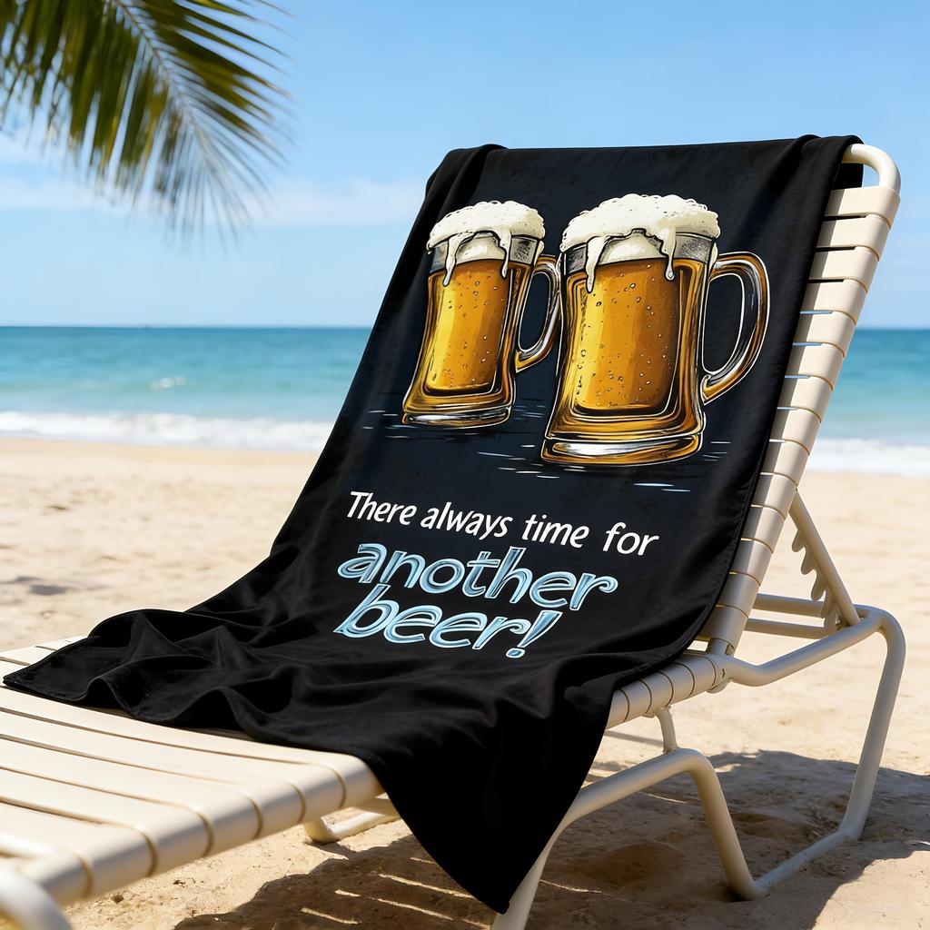 A Beach Towel Featuring A Cartoon-Style Beer Graphic Design. Suitable For Swimming, Sports, Beach, Camping, Diving, And Surfin