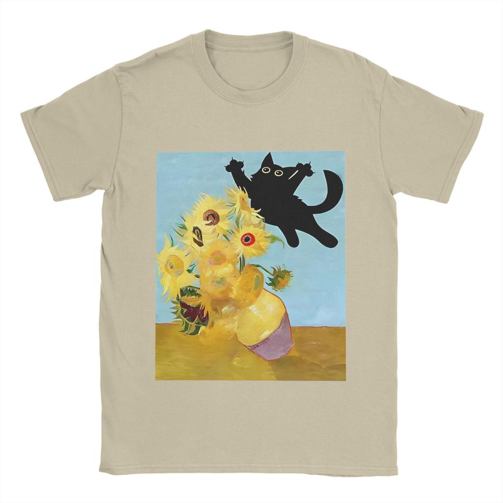 Vincent Van Gogh T-Shirts Men Cute Cat bayingimg Awesome Cotton Tee Shirt Crewneck Short Sleeve T Shirt Plus Size Clothing