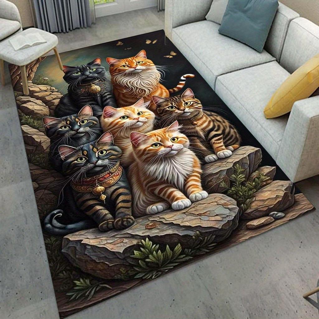 Ultra-Soft Cat Themed Non-Slip Rug, Realistic Animal Print Polyester Mat for Living Room Bedroom Home Decor